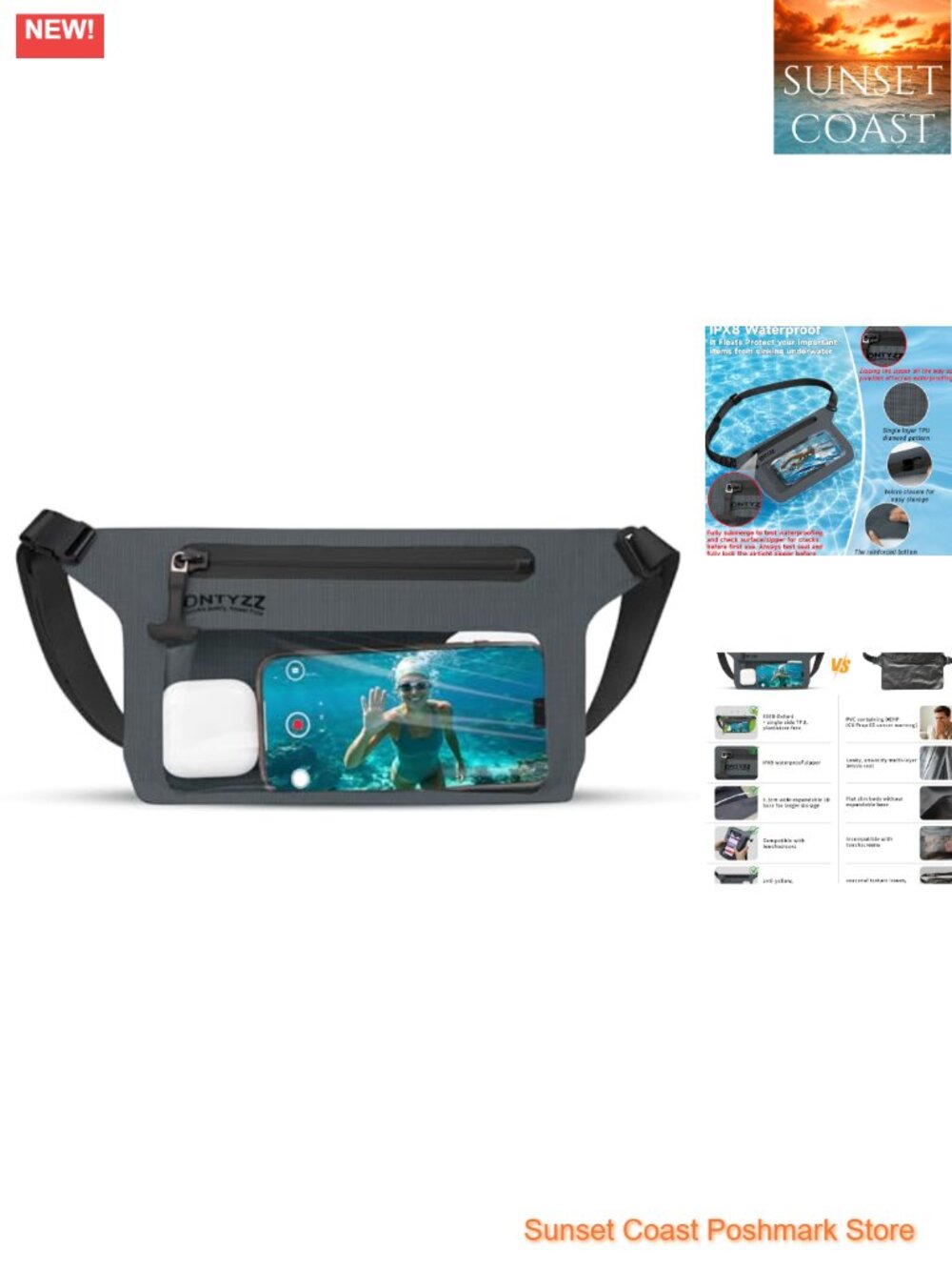 IPX8 Waterproof Phone Pouch Dry Bag with Touchscreen Window, Adjustable Waist